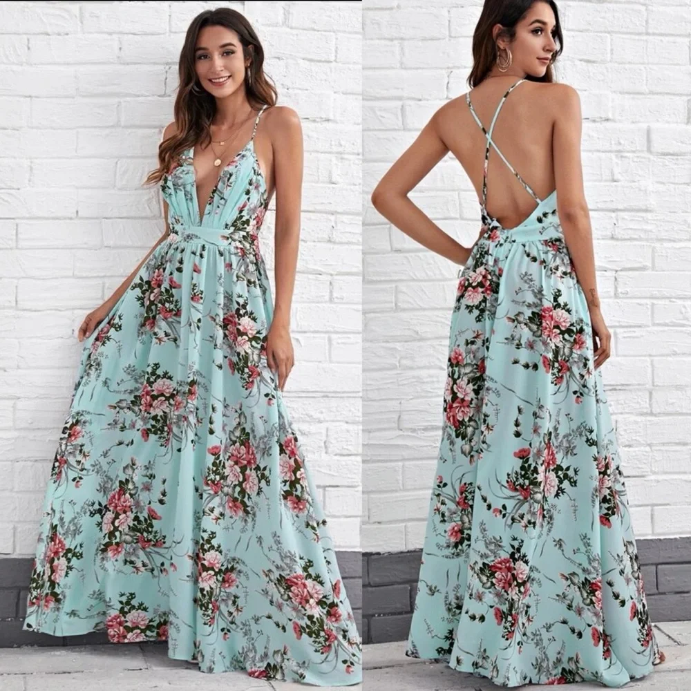 Crisscross open back maxi dress v neck floral print boho bridesmaid pink - Picture 3 of 3